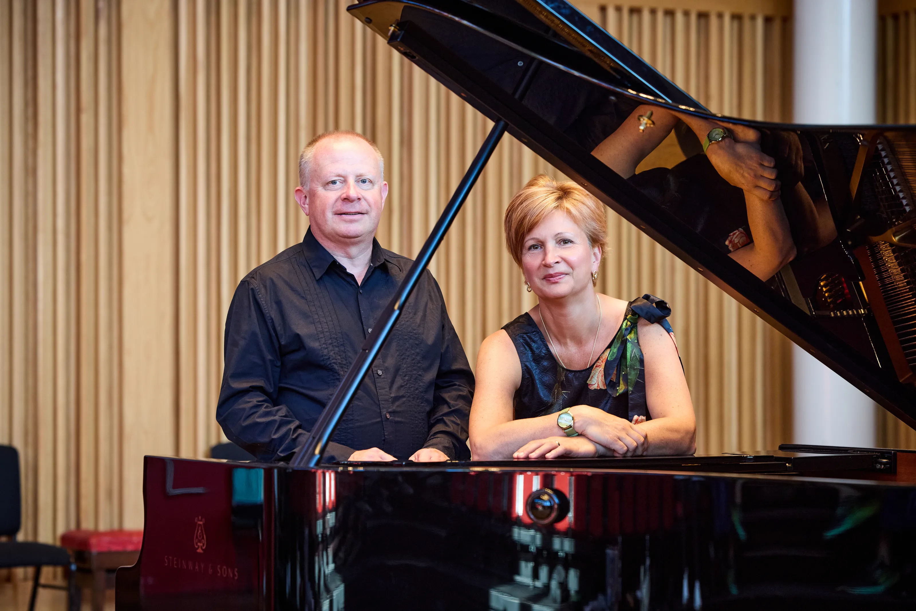 Two musicians at a grand piano, Wells Cathedral School
