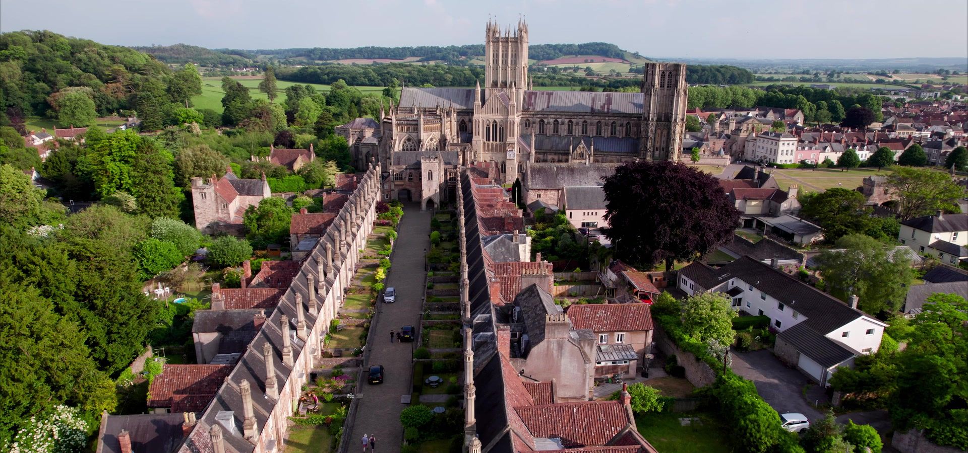Aerial view of Wells Cathedral and the city of Wells, Somerset